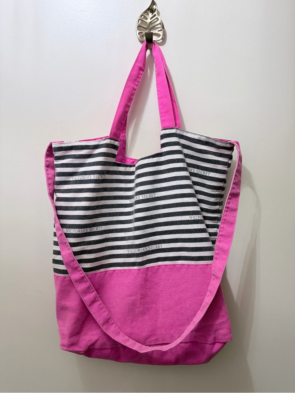 Y2K Victoria’s Secret XL Tote Bag Stripes Hot Pink Weekender Beach Cross Body